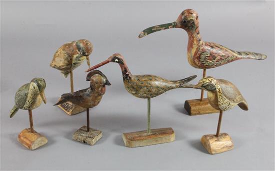 A collection of six modern painted wood decoy birds
